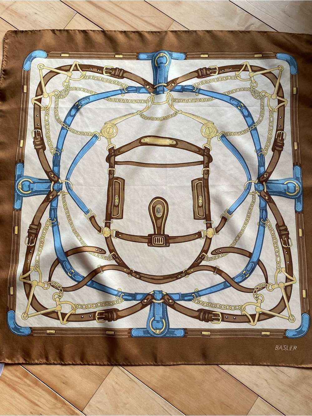 Vintage 80s Equestrian Print Silk Scarf in Brown, Blue, Cream